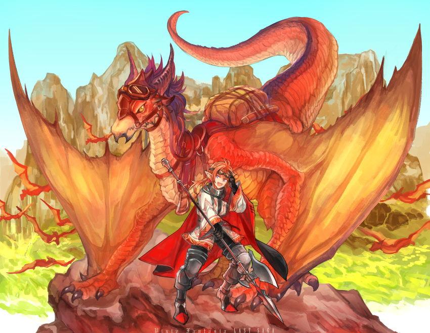 1boy adjusting_eyewear armor bag black_gloves blue_eyes blue_sky cape copyright_name day dragon elf gloves goggles goggles_on_head highres kouno_hitaki long_hair looking_at_viewer mountain open_mouth orange_hair outdoors pixiv_fantasia pixiv_fantasia_last_saga pointy_ears polearm red_cape reins saddle sky smile solo spear standing weapon wide_sleeves