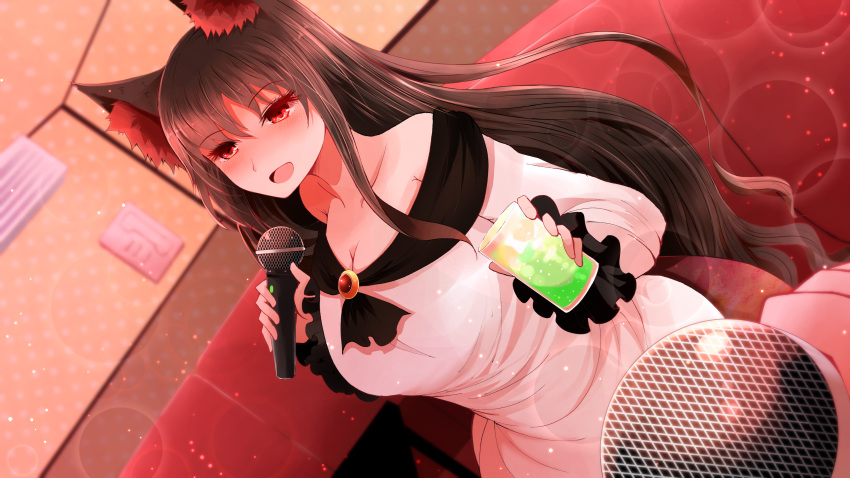 1girl absurdres air_conditioner animal_ear_fluff animal_ears arano_oki breasts brooch brown_hair cleavage collarbone commentary_request couch cup dress drinking_glass dutch_angle eyebrows_visible_through_hair hair_between_eyes head_tilt highres holding holding_cup holding_microphone imaizumi_kagerou jewelry karaoke_box large_breasts light_particles long_hair looking_at_viewer microphone off_shoulder open_mouth phone pov pov_hands red_eyes shawl standing touhou very_long_hair white_dress wolf_ears
