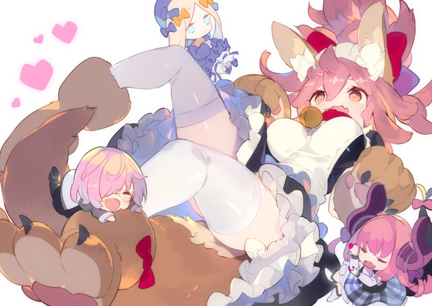 5girls :3 abigail_williams_(fate/grand_order) animal_ear_fluff animal_ears apron bell bell_collar bow breasts chibi collar elizabeth_bathory_(fate) elizabeth_bathory_(fate)_(all) fang fate/extra fate/extra_ccc fate/grand_order fate_(series) floating fox_ears fox_girl fox_tail frilled_skirt frills gloves hair_bow hajime_(hajime-ill-1st) highres large_breasts maid maid_apron maid_headdress mash_kyrielight multiple_girls open_mouth paw_boots paw_gloves paw_pose paws petticoat pink_hair ponytail red_bow red_collar simple_background skirt slit_pupils smile tail tamamo_(fate)_(all) tamamo_cat_(fate) thigh-highs tied_hair white_apron white_background white_legwear yellow_eyes