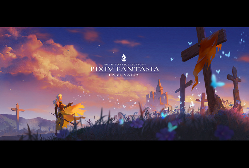 1boy alex_the_sage_in_yellow bird black_gloves bug butterfly castle clouds flower gloves graveyard highres hood hood_down insect letterboxed lost_elle outdoors pixiv_fantasia pixiv_fantasia_last_saga profile short_hair solo standing sunset sword walking_stick weapon white_hair yellow_cloak