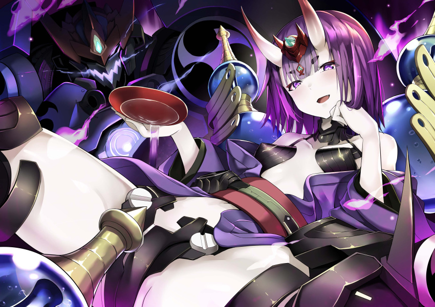 1girl absurdres alcohol bangs bare_shoulders breasts collarbone commentary_request cup eyebrows_visible_through_hair eyeshadow fangs fate/grand_order fate_(series) from_below glowing glowing_eye gourd head_tilt headpiece highres japanese_clothes jie_laite kimono looking_at_viewer lying makeup mecha mitsudomoe_(shape) navel obi on_back oni oni_horns open_clothes open_kimono open_mouth pale_skin pouring purple_hair purple_kimono revealing_clothes sakazuki sake sash shiny shiny_hair short_eyebrows short_hair shuten_douji_(fate/grand_order) small_breasts smile spread_legs tomoe_(symbol) violet_eyes white_skin wide_sleeves