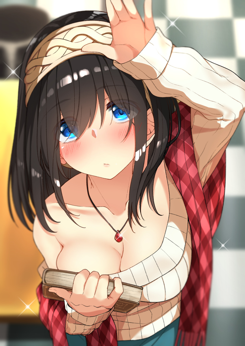 1girl absurdres bangs bare_shoulders black_hair blue_eyes blue_skirt blush book breasts cleavage closed_mouth collarbone go-1 hair_between_eyes hairband hand_up highres holding holding_book idolmaster idolmaster_cinderella_girls jewelry large_breasts leaning_forward long_hair long_sleeves looking_at_viewer necklace off-shoulder_sweater off_shoulder pendant ribbed_sweater sagisawa_fumika shawl shiny shiny_hair skirt solo sparkle sweater white_sweater