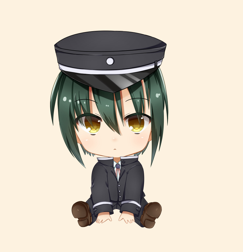 1boy absurdres angel_beats! bangs black_headwear black_jacket black_legwear chibi closed_mouth expressionless eyebrows_visible_through_hair eyes_visible_through_hair green_hair hair_between_eyes hat highres jacket key_(company) long_sleeves looking_at_viewer male_focus naoi_ayato popped_collar ribbon school_uniform shirt shoe_soles shoes short_hair simple_background sitting solo sweatdrop uniform white_background white_shirt yellow_eyes zuzuhashi