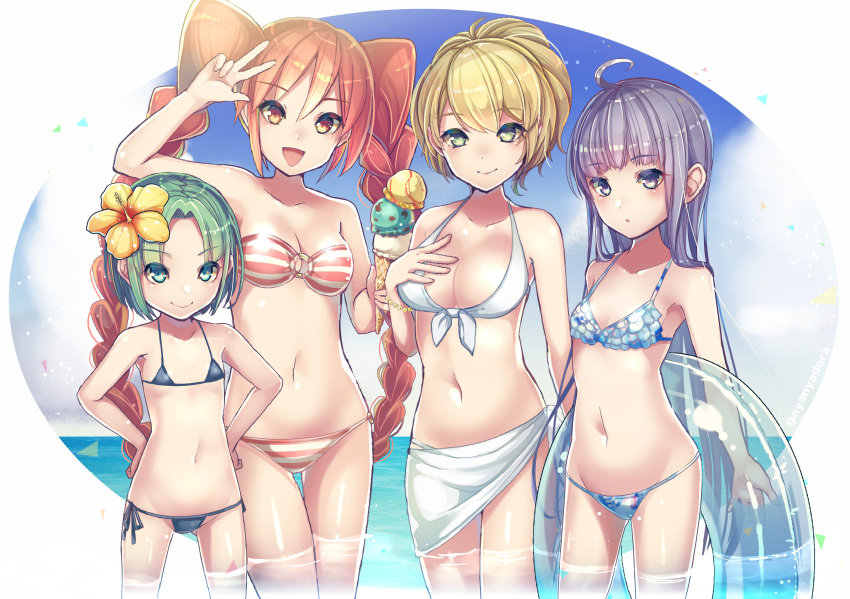 4girls ahoge anotherxalice artist_name bikini black_bikini blonde_hair blue_bikini blue_sky braid breasts cleavage clouds day flat_chest flower food green_eyes green_hair hair_flower hair_ornament hand_on_own_chest hands_on_hips highres ice_cream ice_cream_cone innertube large_breasts long_hair looking_at_viewer medium_breasts multiple_girls navel nyasunyadoora ocean outdoors pose purple_hair red_bikini short_hair side-tie_bikini sky sling_bikini_top small_breasts striped striped_bikini swimsuit twin_braids twintails v very_long_hair violet_eyes white_bikini