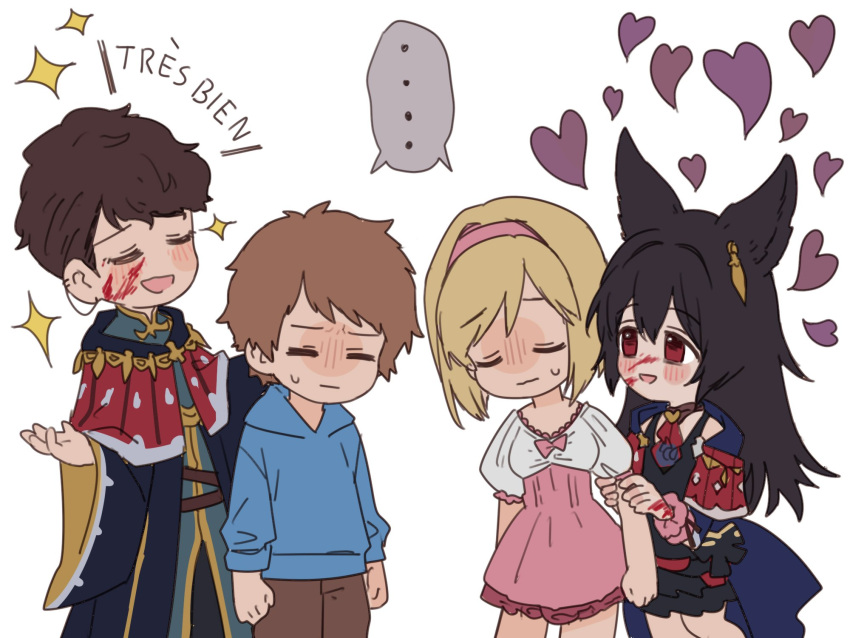 ... 2boys 2girls animal_ears black_hair blonde_hair blood blood_on_face bloody_hands bow brown_hair chibi clenched_hands closed_eyes commentary djeeta_(granblue_fantasy) dress erune fighter_(granblue_fantasy) gran_(granblue_fantasy) granblue_fantasy heart highres hood hoodie lobelia_(granblue_fantasy) long_hair meron multiple_boys multiple_girls niia pink_bow puffy_short_sleeves puffy_sleeves short_sleeves sparkle spoken_ellipsis sweatdrop trait_connection