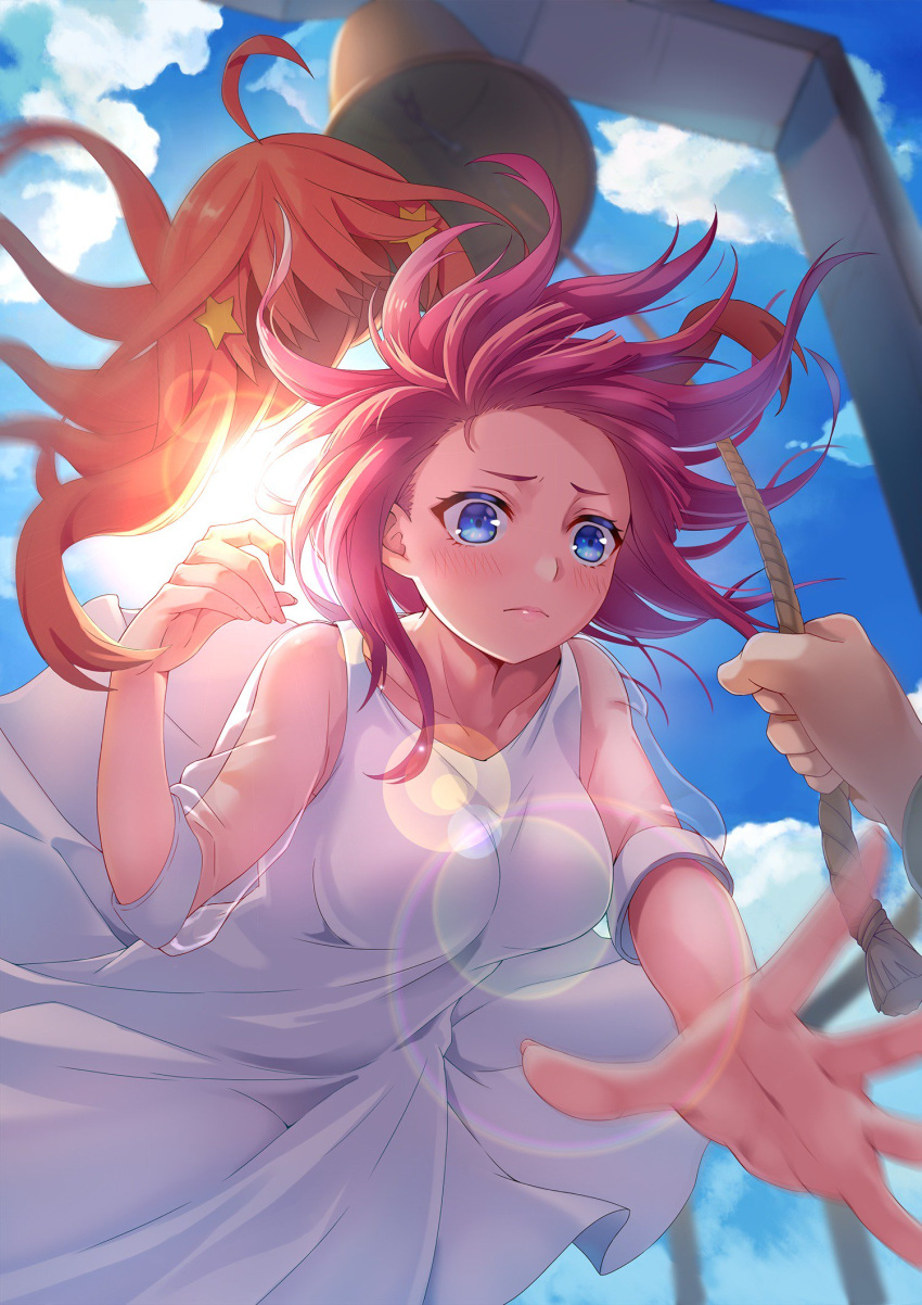 1girl bangs bell_tower blue_sky blunt_bangs blush breasts clouds commentary_request da-cart dress go-toubun_no_hanayome hair_ornament highres large_breasts lens_flare long_hair nakano_nino pink_hair redhead rope sky star star_hair_ornament sun white_dress wig
