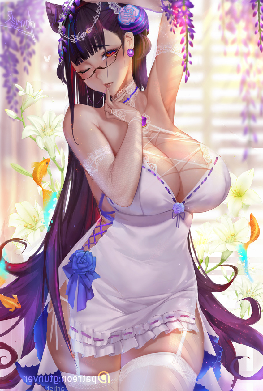1girl arms_up bangs blush breasts bridal_gauntlets brown_hair cleavage double_bun dress eyebrows_visible_through_hair fate/grand_order fate_(series) finger_to_mouth flower glasses gloves groin gtunver hair_between_eyes hair_ornament halter_dress highres huge_breasts lace lace_gloves large_breasts long_hair looking_at_viewer murasaki_shikibu_(fate) navel one_eye_closed panties parted_lips purple_flower red_eyes semi-rimless_eyewear side-tie_panties solo stomach thigh-highs two_side_up underwear very_long_hair violet_eyes white_flower white_legwear