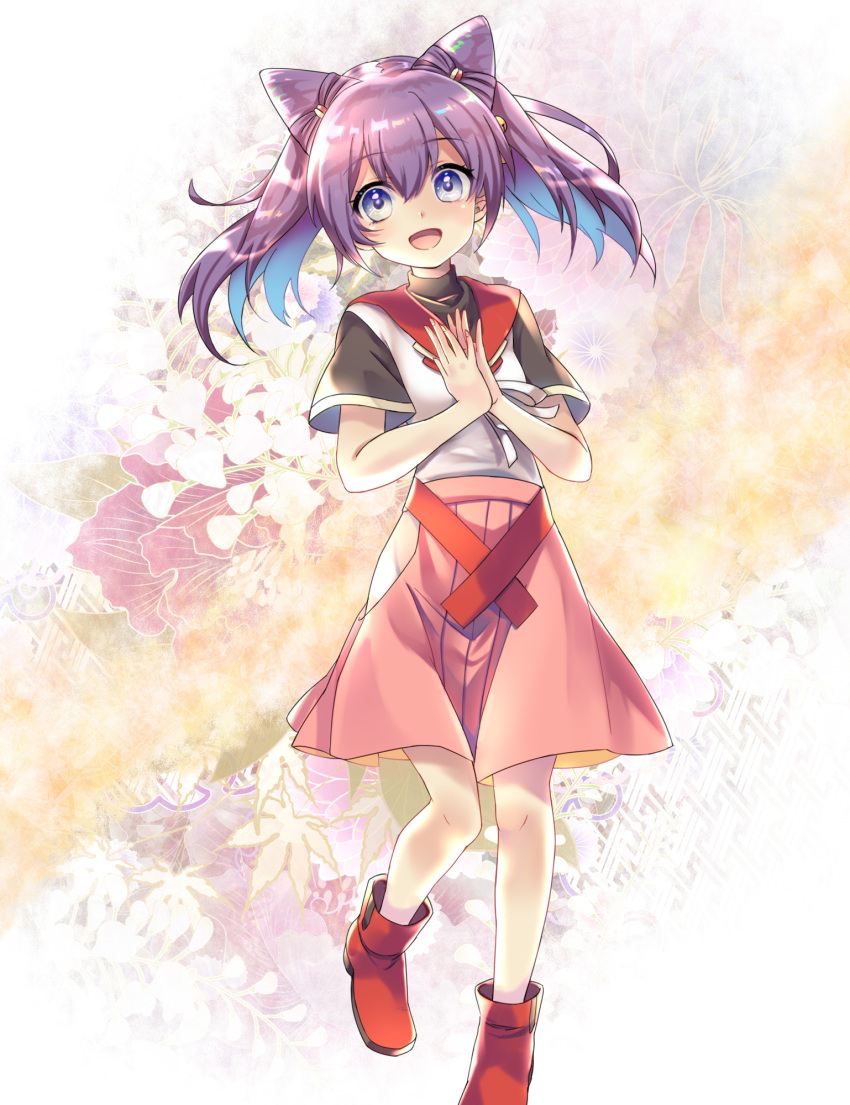1girl bangs blue_eyes brown_footwear commentary_request dot_nose eyebrows_visible_through_hair floral_background flower future_card_buddyfight hair_ornament happy highres kicori long_skirt looking_at_viewer medium_hair mikono_miko open_mouth pink_hair pink_ribbon pink_skirt ribbon shirt shoes short_sleeves skirt solo twintails