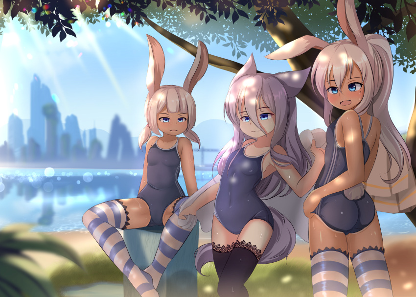 3girls absurdres animal_ears bangs black_legwear blue_sky blurry blurry_background blush breasts bunny_girl bunny_tail city day grey_hair hair_between_eyes highres hotel01 light_rays long_hair mole mole_under_eye multiple_girls open_mouth original outdoors pink_hair ponytail rabbit_ears school_swimsuit short_hair sitting sky small_breasts smile spread_legs standing striped striped_legwear sunbeam sunlight swimsuit tail tan tanline thigh-highs towel tree water wet white_hair