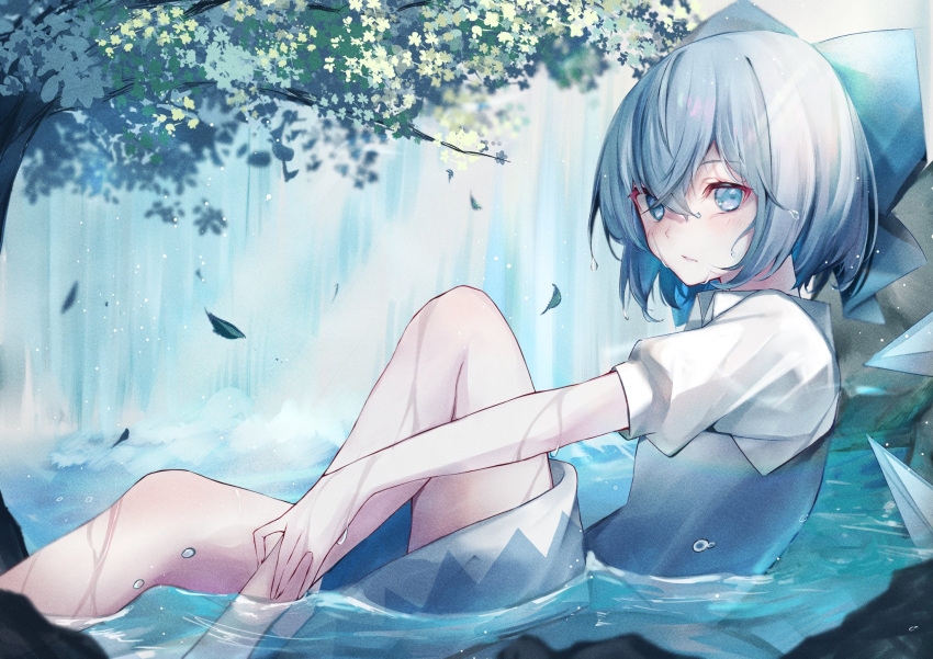 1girl :/ bare_legs blue_bow blue_dress blue_eyes blue_hair blush bow cirno closed_mouth collared_shirt commentary detached_wings dress falling_leaves from_side hair_between_eyes hair_bow hand_on_own_leg highres ice ice_wings leaf light_rays looking_at_viewer looking_to_the_side medium_hair murumuru_(pixiv51689952) partially_submerged puffy_short_sleeves puffy_sleeves ripples shirt short_sleeves solo touhou tree water water_drop waterfall wet wet_clothes wet_hair white_shirt wings