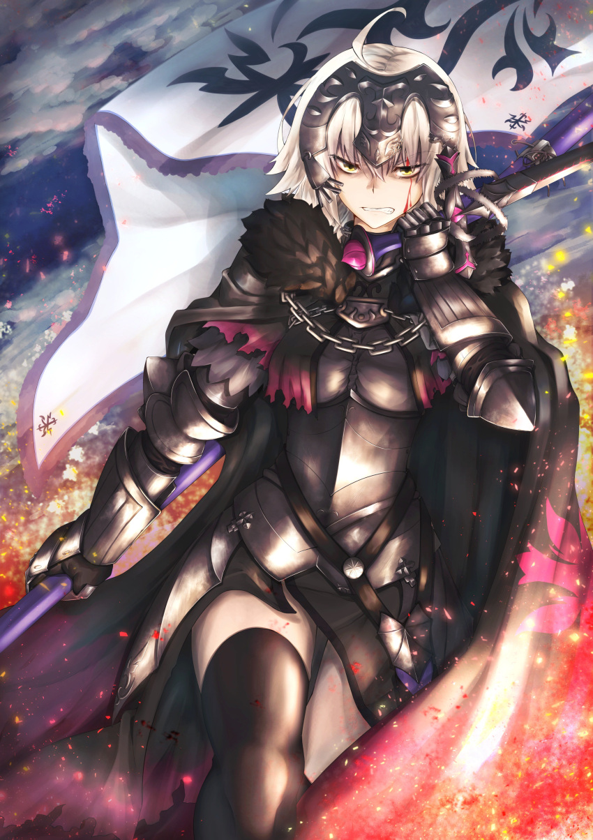 1girl absurdres ahoge armor armored_dress bangs black_dress black_legwear blood breasts cape chains clenched_teeth dress eyebrows_visible_through_hair fate/grand_order fate_(series) fire flag fur-trimmed_cape fur_collar fur_trim gauntlets headpiece highres holding holding_flag holding_sword holding_weapon injury jeanne_d'arc_(alter)_(fate) jeanne_d'arc_(fate) jeanne_d'arc_(fate)_(all) kuromu large_breasts legs_crossed looking_at_viewer short_hair sidelocks silver_hair solo standard_bearer sword teeth thigh-highs tsurime weapon wind yellow_eyes