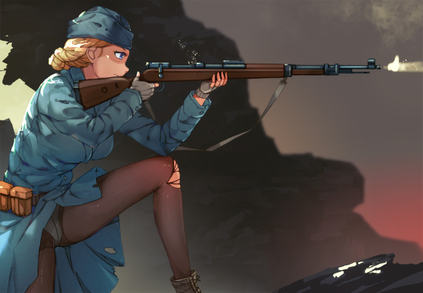 1girl black_legwear blonde_hair blue_eyes bolt_action braided_bun chinese_commentary coat commentary_request fingerless_gloves firing franksoft3 garrison_cap gloves hat mauser_98 military military_uniform original panties panties_under_pantyhose pantyhose pantyshot partial_commentary torn_clothes torn_legwear underwear uniform weapon