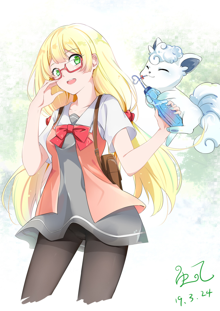 1girl alolan_form alolan_vulpix backpack bag black_legwear blonde_hair creatures_(company) dated dress game_freak gen_1_pokemon glasses green_eyes highres lillie_(pokemon) long_hair nainai nintendo open_mouth pokemon pokemon_(anime) pokemon_(creature) pokemon_sm_(anime) red-framed_eyewear school_uniform short_dress short_sleeves signature vulpix