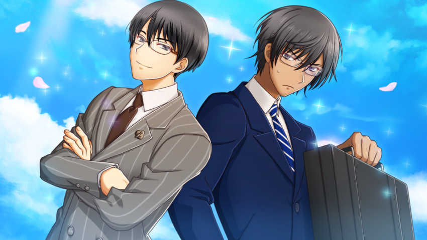 2boys ali_pasha_(senjuushi) alternate_costume bespectacled black_hair brown_neckwear buttons crossed_arms dark_skin dark_skinned_male double-breasted dutch_angle facial_tattoo formal frown game_cg glasses grey_eyes highres ieyasu_(senjuushi) looking_at_viewer male_focus multiple_boys necktie non-web_source official_art senjuushi:_the_thousand_noble_musketeers short_hair smile striped striped_neckwear suit suitcase sweatdrop tattoo