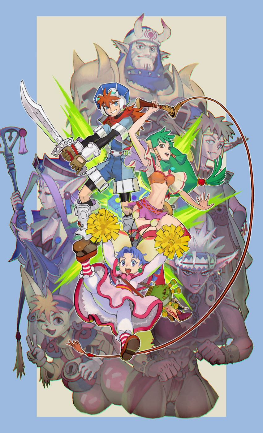 4girls armor blue_eyes breasts cleavage closed_mouth commentary_request dark_skin earrings feena_(grandia) gadwin_(grandia) gloves grandia grandia_i green_hair groin guido_(grandia) hair_ornament hair_tubes hat headband highres jewelry justin_(grandia) liete_(grandia) long_hair looking_at_viewer low-tied_long_hair midriff milda_(grandia) multiple_boys multiple_girls muscle navel necklace open_mouth pointy_ears purple_hair puui_(grandia) rapp_(grandia) redhead skirt smile sue_(grandia) sword thigh-highs urasato violet_eyes weapon wide_sleeves