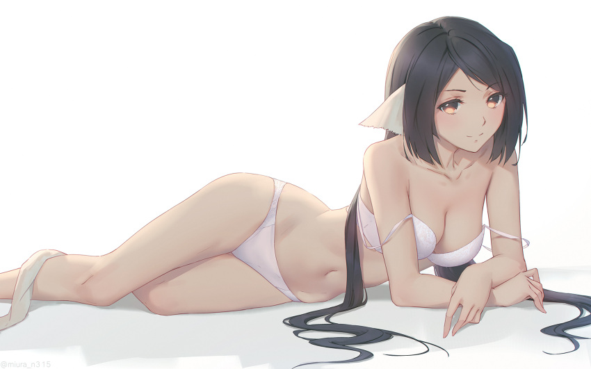 1girl animal_ears bangs bare_arms bare_legs bare_shoulders black_hair bra breasts brown_eyes cleavage closed_mouth collarbone commentary_request eyebrows_visible_through_hair highres kuon_(utawareru_mono) long_hair looking_at_viewer medium_breasts miura-n315 navel panties parted_bangs shadow smile solo strap_slip underwear underwear_only utawareru_mono utawareru_mono:_itsuwari_no_kamen very_long_hair white_background white_bra white_panties
