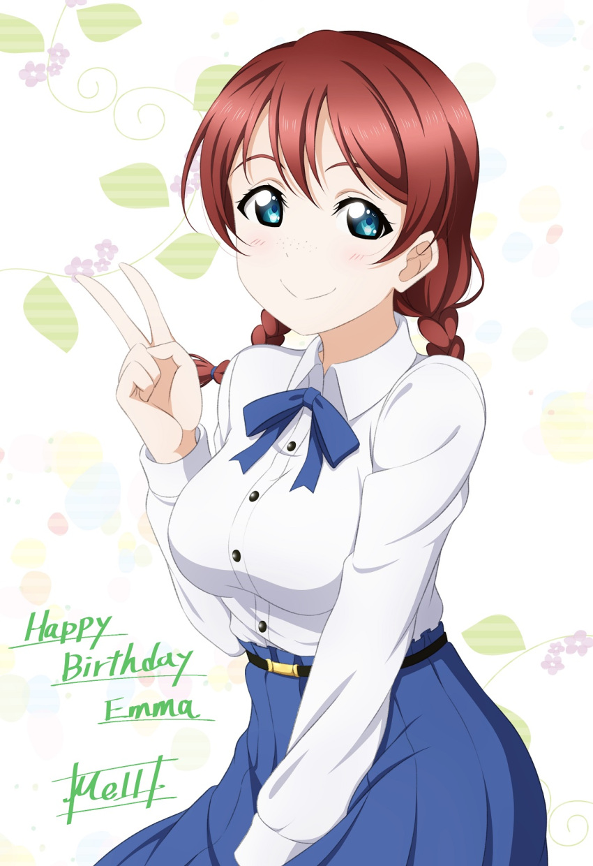 1girl between_legs blue_eyes blue_ribbon blue_skirt blush braid brown_hair character_name dress_shirt emma_verde hair_between_eyes hand_between_legs happy_birthday highres long_hair long_sleeves looking_at_viewer love_live! love_live!_school_idol_project low_twintails mell_ast neck_ribbon pleated_skirt ribbon shiny shiny_hair shirt skirt smile solo thigh-highs twin_braids twintails white_background white_shirt