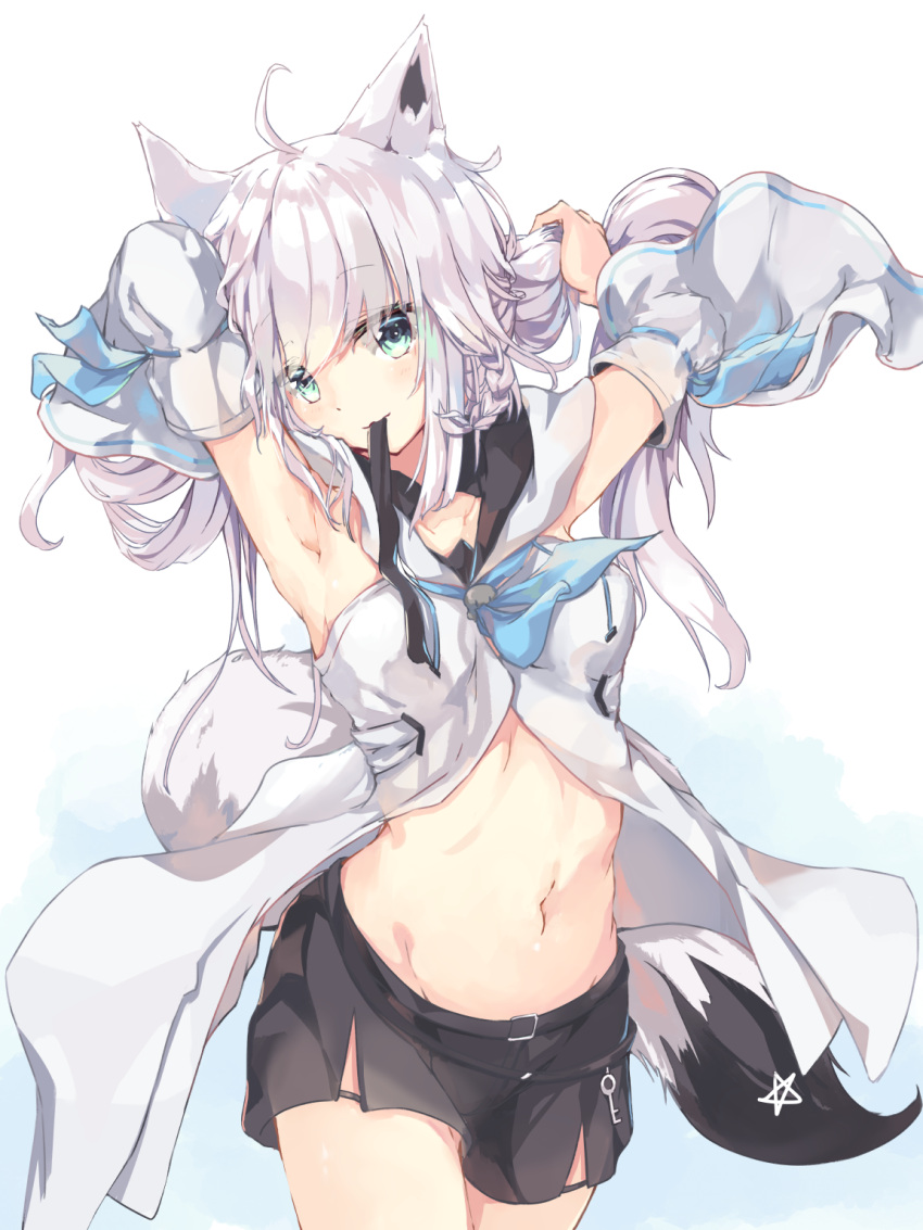 1girl :3 ahoge animal_ear_fluff animal_ears aqua_eyes armpits arms_up bare_shoulders black_shorts blue_neckwear breasts center_opening closed_mouth collarbone cowboy_shot detached_sleeves fox_ears fox_girl fox_tail groin head_tilt highres hololive long_hair looking_at_viewer medium_breasts midriff mouth_hold navel neckerchief shinsoyori shirakami_fubuki shirt shorts silver_hair solo standing stomach tail thighs virtual_youtuber white_background white_shirt