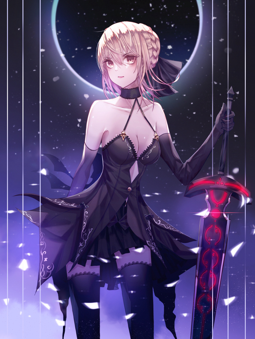 1girl absurdres artoria_pendragon_(all) black_bow black_gloves black_legwear black_skirt blonde_hair bow braided_bun breasts choker cleavage collarbone dark_excalibur elbow_gloves eyebrows_visible_through_hair fate/stay_night fate_(series) formal gloves hair_between_eyes hair_bow halterneck highres holding holding_sword holding_weapon hongsung0819 huge_filesize looking_at_viewer miniskirt pleated_skirt saber_alter short_hair skirt skirt_suit solo standing suit sword thigh-highs weapon yellow_eyes zettai_ryouiki