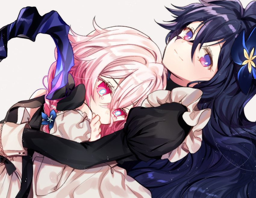 2girls bangs bare_shoulders black_bow black_dress black_hair blue_flower bow closed_mouth commentary dabi_(dabibubi) daydreamer_(elsword) dress dutch_angle elsword eyebrows_visible_through_hair flower grey_background hair_between_eyes hair_flower hair_ornament hand_up juliet_sleeves laby_(elsword) long_hair long_sleeves looking_at_viewer maid multiple_girls nisha_labyrinth_(elsword) pink_eyes pink_hair puffy_sleeves simple_background smile tears very_long_hair violet_eyes white_dress