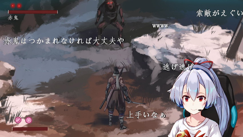 1girl buster_shirt chair fate/grand_order fate_(series) gameplay_mechanics headset health_bar highres livestream monster niconico_comments playing_games ponytail sekiro:_shadows_die_twice shionji_ax silver_hair smile tomoe_gozen