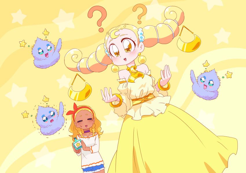 2girls ? absurdres amamiya_erena blonde_hair bottle clone earrings fur hair_ornament hair_tonic highres jewelry otokamu precure princess_libra_(precure) prunce_(precure) scales_hair_ornament star star-shaped_pupils star_princess star_twinkle_precure symbol-shaped_pupils twintails