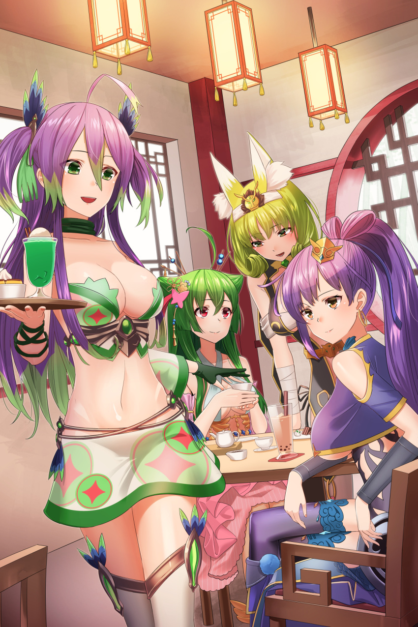 4girls :d ahoge animal_ear_fluff animal_ears bangs bare_shoulders breasts brown_eyes chair choker cleavage closed_mouth collarbone commentary_request cowboy_shot crop_top crop_top_overhang cup day drinking_glass earrings fox_ears fujimo_ruru gauntlets green_eyes green_hair green_ribbon groin hair_between_eyes hair_ears hair_ornament hair_ribbon halterneck headband highres holding holding_tray hoop_earrings houchi_shoujo hurricane_glass indoors jewelry lantern large_breasts long_hair looking_at_another midriff miniskirt multicolored_hair multiple_girls navel open_mouth paper_lantern pastry ponytail purple_hair purple_legwear red_eyes ribbon shoulder_cutout sidelocks sitting skirt smile smoothie standing table teacup teapot thigh-highs tray two-tone_hair two_side_up white_legwear wrist_ribbon zettai_ryouiki