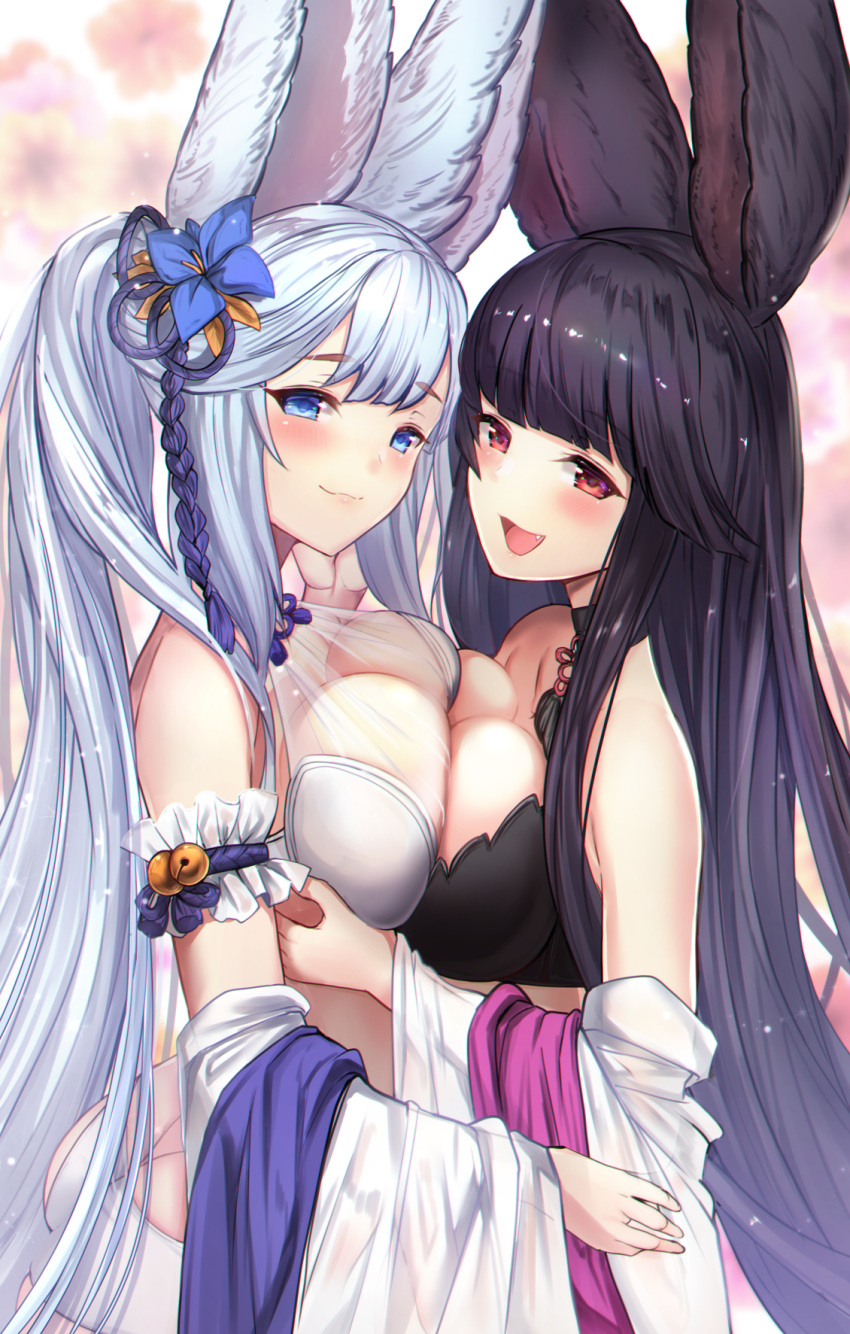 2girls animal_ears bangs bare_shoulders bell black_hair blue_eyes blush breast_press breasts cleavage commentary_request detached_sleeves erune fang fox_ears fox_tail granblue_fantasy hair_bell hair_ornament highres jingle_bell large_breasts long_hair looking_at_viewer multiple_girls open_mouth red_eyes see-through silver_hair smile socie_(granblue_fantasy) symmetrical_docking tail untsue very_long_hair yuel_(granblue_fantasy)