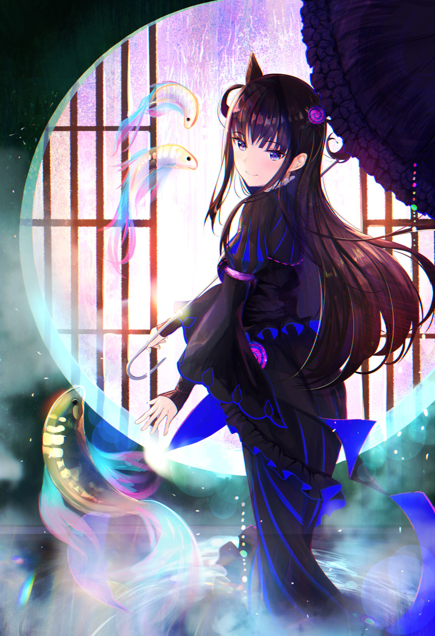 1girl animal_ears bangs black_dress black_umbrella blue_eyes brown_hair cat_ears dress eyebrows_visible_through_hair fate/grand_order fate_(series) fish floating_hair highres holding holding_umbrella indoors lens_flare long_dress long_hair long_sleeves murasaki_shikibu_(fate) smile smile2007h solo standing steam umbrella very_long_hair water