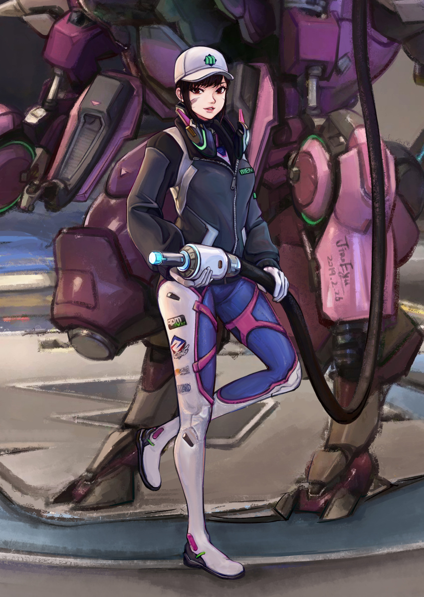 1girl absurdres baseball_cap bodysuit brown_hair d.va_(overwatch) facial_mark gloves grey_jacket hat highres holding indoors jacket jeyu looking_at_viewer mecha overwatch parted_lips pilot_suit red_eyes red_lips short_hair solo standing standing_on_one_leg white_gloves white_headwear zipper