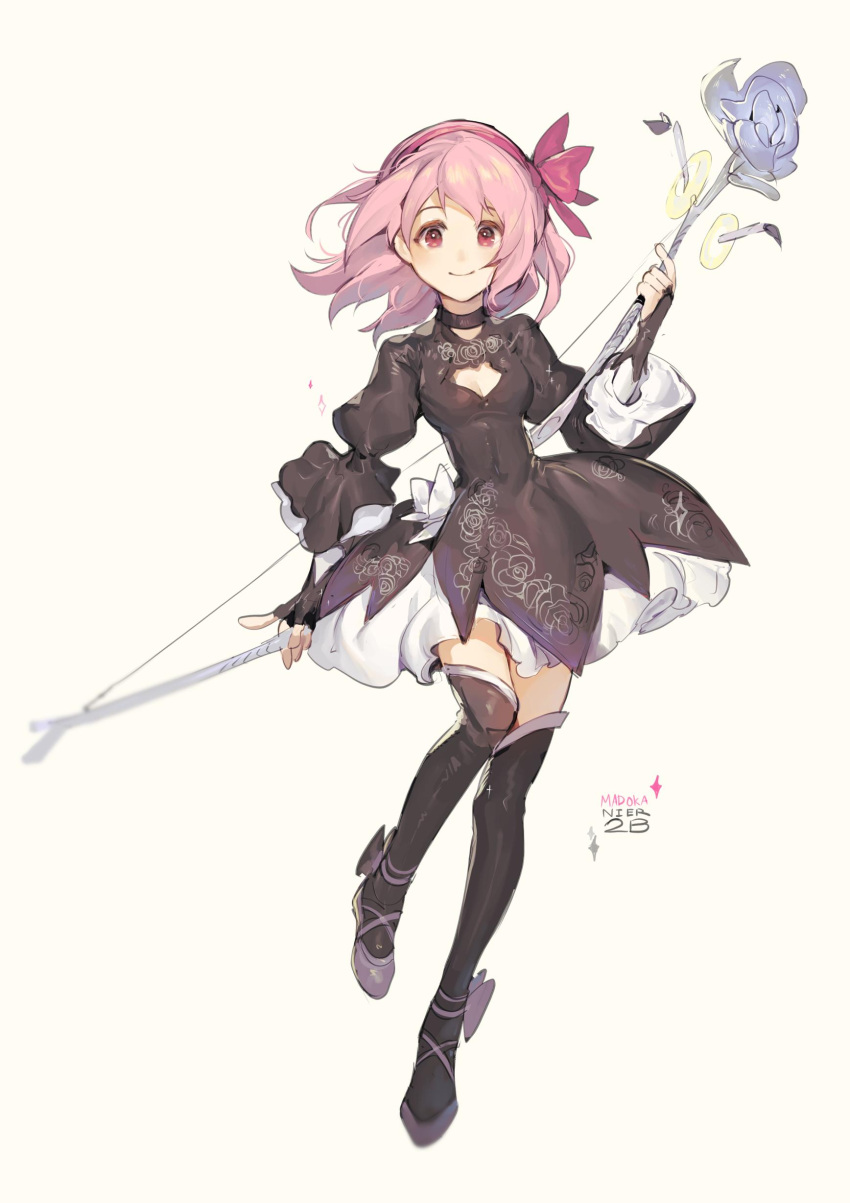 1girl absurdres black_dress black_legwear bow_(weapon) breasts bubble_skirt choker cleavage cleavage_cutout commentary cosplay dress full_body hair_ribbon highres kaname_madoka long_sleeves magical_girl mahou_shoujo_madoka_magica pink_eyes pink_hair puffy_sleeves ribbon skirt small_breasts smile solo twintails velahka weapon yellow_background yorha_no._2_type_b yorha_no._2_type_b_(cosplay)