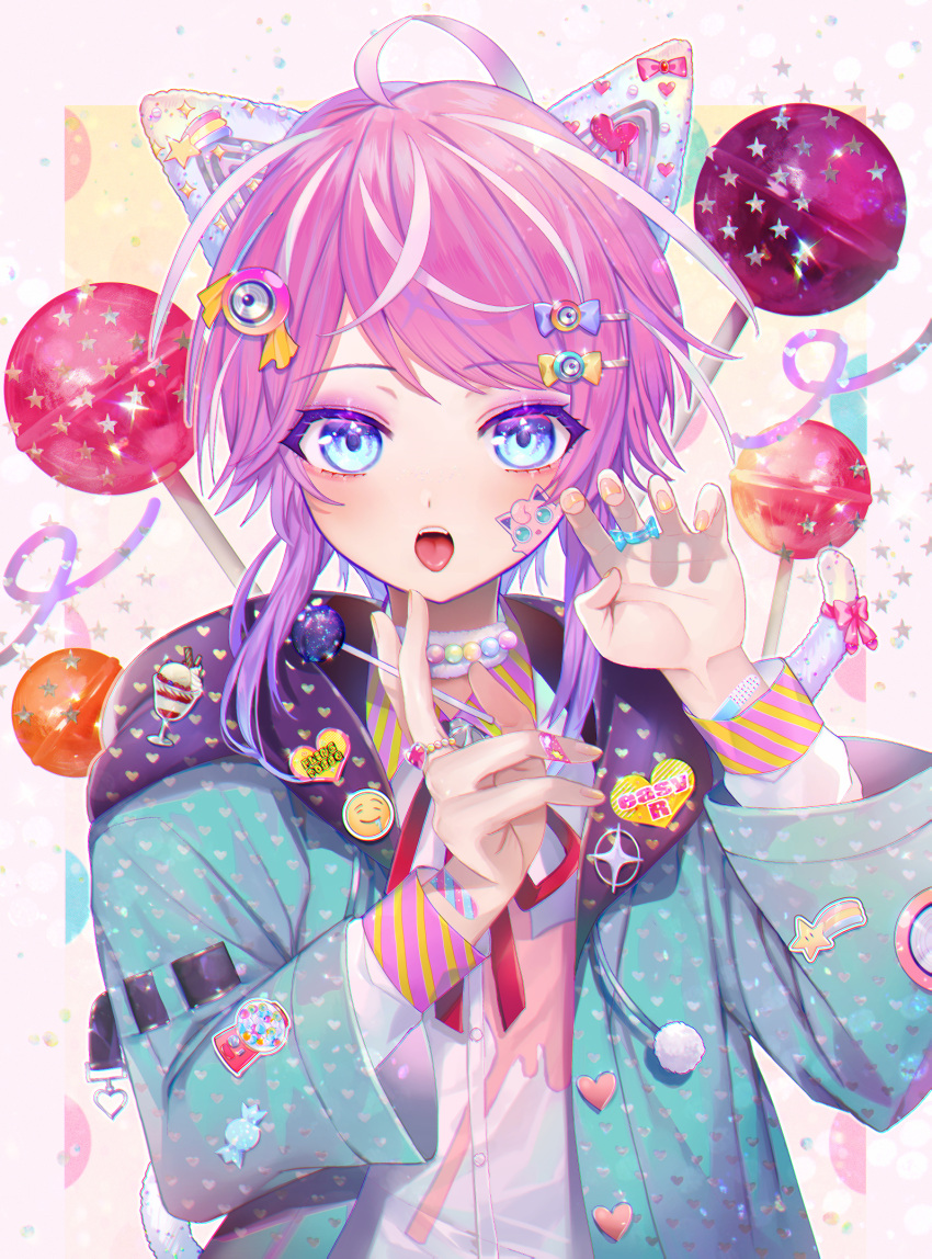 1boy abandon_ranka ahoge amemura_ramuda animal_ears bandaid bangs between_fingers blue_eyes buckle buttons candy cat_ears cat_tail creatures_(company) dress_shirt eyebrows_visible_through_hair eyeshadow fake_animal_ears fangs fingernails food game_freak gen_1_pokemon gradient_hair green_hoodie hair_ornament hairclip hands_up heart heart_print highres hood hood_down hoodie hypnosis_mic jewelry jigglypuff lollipop long_sleeves looking_at_viewer makeup male_focus multicolored_hair neck_ribbon nintendo open_clothes open_hoodie open_mouth pink_hair pokemon pom_pom_(clothes) purple_hair red_ribbon ribbon ring shirt short_hair_with_long_locks sidelocks solo star streaked_hair swept_bangs tail tongue tongue_out trap upper_body white_hair white_shirt
