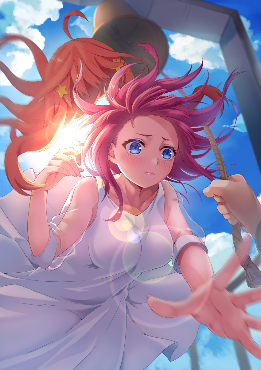 1girl absurdres bangs bell bell_tower blue_eyes blue_skirt blue_sky blunt_bangs blush breasts closed_mouth clouds collarbone commentary_request da-cart dress go-toubun_no_hanayome hair_ornament highres large_breasts lens_flare lips long_hair looking_at_viewer nakano_nino pink_hair redhead rope see-through skirt sky solo_focus star star_hair_ornament sun white_dress wig