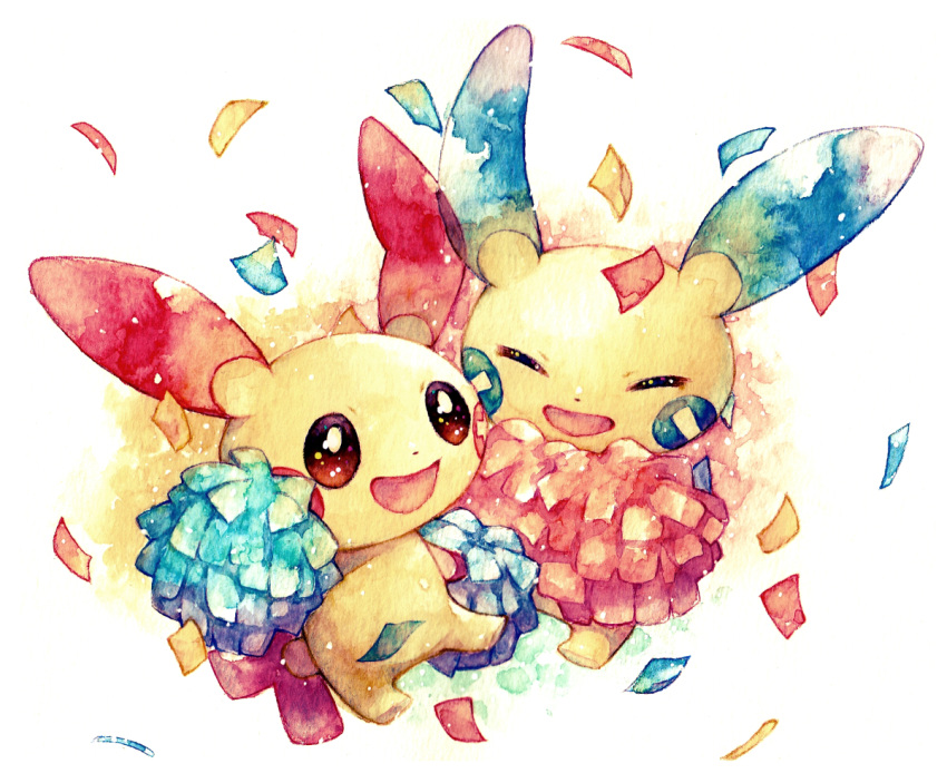 :d closed_eyes commentary creature creatures_(company) game_freak gen_3_pokemon happy holding holding_pom_poms minun nintendo no_humans open_mouth plusle pokemon pokemon_(creature) pom_poms rrrpct simple_background smile traditional_media watercolor_(medium) white_background