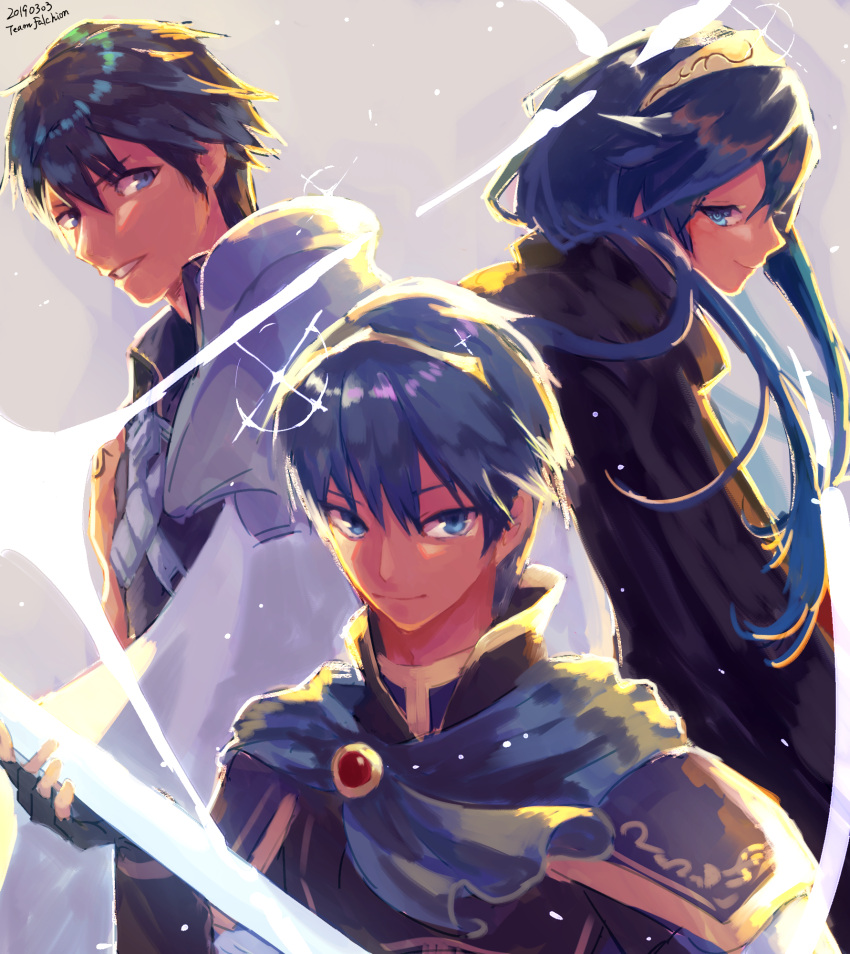 1girl 2boys blue_eyes blue_hair cape family father_and_daughter fingerless_gloves fire_emblem fire_emblem:_ankoku_ryuu_to_hikari_no_tsurugi fire_emblem:_kakusei fire_emblem:_mystery_of_the_emblem fire_emblem:_shin_ankoku_ryuu_to_hikari_no_tsurugi fire_emblem:_shin_monshou_no_nazo fire_emblem_heroes gloves haraitai highres holding holding_sword holding_weapon intelligent_systems krom long_hair looking_at_viewer lucina marth multiple_boys nintendo pauldrons smile sora_(company) super_smash_bros. super_smash_bros._ultimate super_smash_bros_brawl super_smash_bros_for_wii_u_and_3ds sword tiara traditional_media watercolor_(medium) weapon