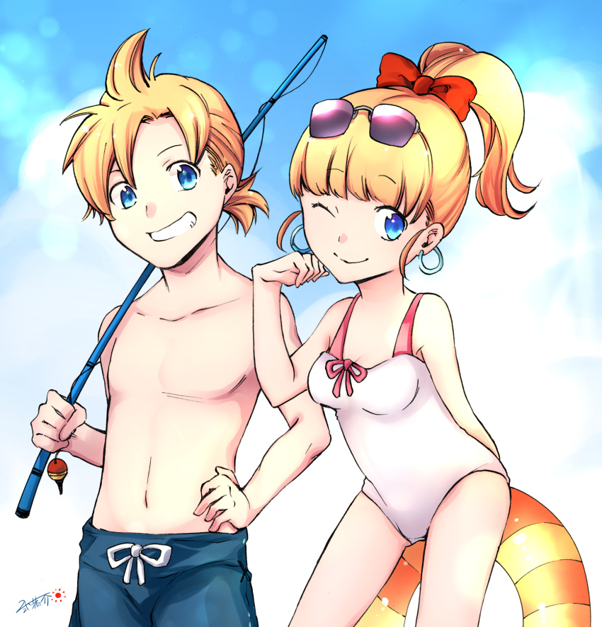 1boy 1girl ;) bangs bare_arms bare_shoulders blonde_hair blue_sky bow breasts casual_one-piece_swimsuit character_request closed_mouth clouds cloudy_sky collarbone commentary_request dandhun_puku day dragon_quest_builders_2 earrings eyebrows_visible_through_hair eyewear_on_head fishing_line fishing_rod grin hair_bow hand_on_hip high_ponytail highres holding holding_fishing_rod hoop_earrings innertube jewelry male_swimwear navel one-piece_swimsuit one_eye_closed outdoors ponytail red_bow signature sky small_breasts smile sunglasses swim_trunks swimsuit swimwear white_swimsuit