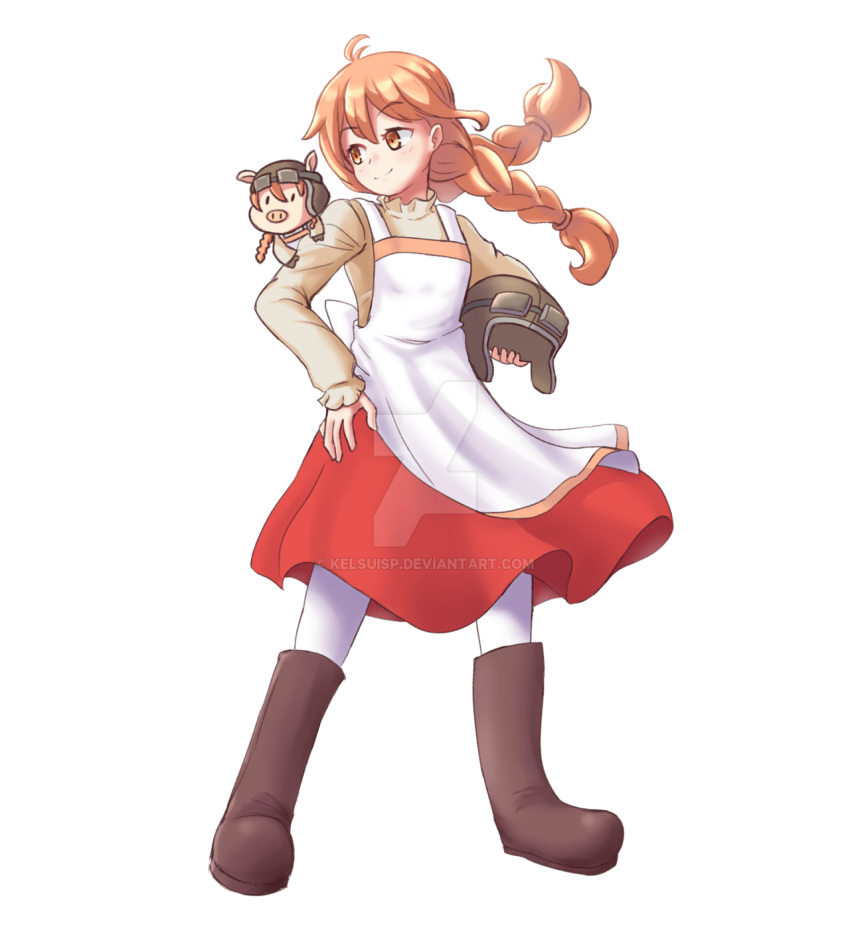 100_percent_orange_juice 1girl apron aviator_cap boots braid brown_eyes brown_hair dress flying_red_barrel highres kelsuis long_hair long_sleeves marc_(red_barrel) open_mouth pantyhose pig