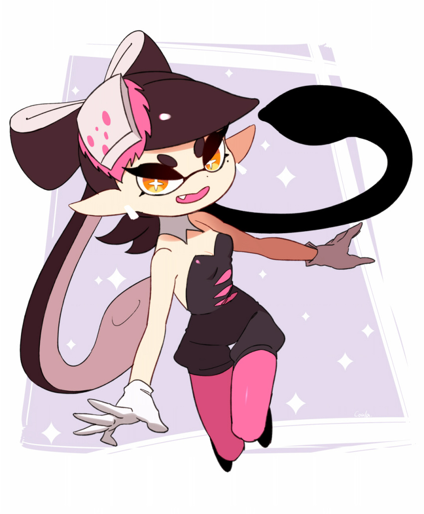 +_+ 1girl aori_(splatoon) bare_shoulders black_hair black_jumpsuit breasts cleavage coula_cat detached_collar domino_mask earrings fang food food_on_head full_body gloves hair_rings highres jewelry mask mole mole_under_eye object_on_head open_mouth orange_hair pantyhose pink_legwear pointy_ears short_jumpsuit small_breasts solo splatoon splatoon_(series) splatoon_1 strapless symbol-shaped_pupils tentacle_hair thigh_gap white_gloves