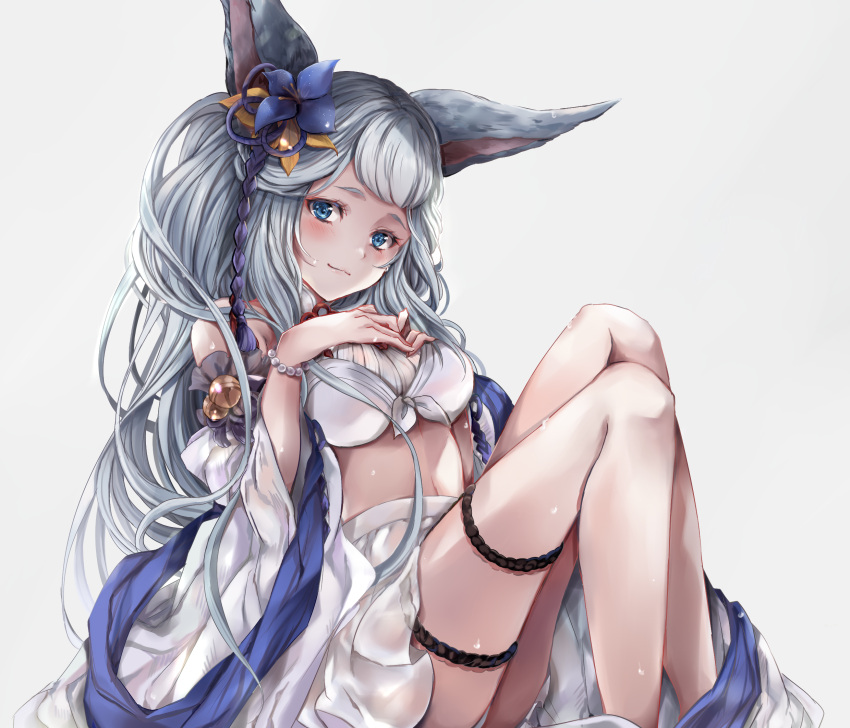 1girl animal_ears bangs bell blue_eyes blush breast_suppress breasts detached_sleeves erune fox_ears granblue_fantasy hair_ornament highres hinahino jingle_bell large_breasts long_hair looking_at_viewer off_shoulder sidelocks silver_hair sitting skirt smile socie_(granblue_fantasy) solo tail thighs very_long_hair wet white_skirt