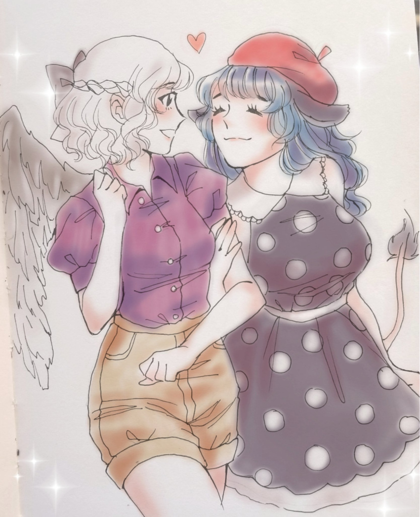 2girls :3 ^_^ alternate_costume alternate_headwear animal_ears blue_hair blush braid breasts closed_eyes closed_eyes collared_dress collared_shirt commentary cowboy_shot dating doremy_sweet dress french_braid grin heart height_difference highres holding_another's_arm kishin_sagume large_breasts long_hair medium_breasts multiple_girls orz_(kagewaka) pom_pom_(clothes) purple_shirt scan shirt shorts silver_hair simple_background single_wing sleeveless sleeveless_dress smile sparkle tail tapir_ears tapir_tail touhou wavy_hair white_background wings yuri