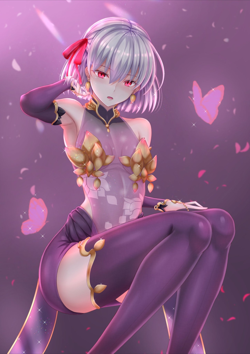 1girl armpits bangs bare_shoulders blush breasts bug butterfly covered_navel detached_sleeves dress earrings eyebrows_visible_through_hair fate/grand_order fate_(series) glint gold_trim hair_between_eyes hair_ribbon hand_in_hair highres insect jewelry kama_(fate/grand_order) looking_at_viewer open_mouth penguintake purple_dress purple_legwear purple_sleeves red_eyes red_ribbon ribbon see-through short_hair sidelocks silver_hair sitting sleeveless sleeveless_dress smile solo thigh-highs