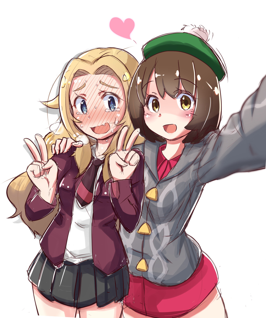 2girls :d absurdres bangs blonde_hair blue_eyes blush bob_cut brown_eyes brown_hair cardigan commentary_request cowboy_shot creatures_(company) double_v dress embarrassed eyebrows_visible_through_hair female_protagonist_(pokemon_swsh) game_freak green_headwear grey_cardigan hair_between_eyes hand_on_another's_shoulder hat heart highres holding jacket long_hair long_sleeves looking_at_another looking_at_viewer miniskirt multiple_girls necktie nervous nintendo open_mouth pae_(ac40935_m41) pink_dress pokemon pokemon_(game) pokemon_swsh school_uniform shiny shiny_clothes shiny_hair shiny_skin shirt short_hair simple_background skirt smile standing sweat sweatdrop tam_o'_shanter unnamed_girl_(pokemon_swsh) v white_background