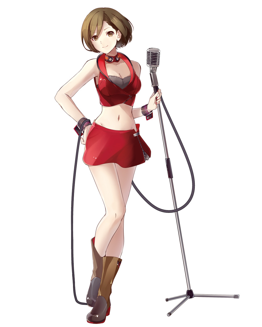 1girl absurdres boots bra breasts brown_eyes brown_footwear brown_hair choker cleavage collarbone full_body grey_bra groin hair_between_eyes hand_on_hip highres holding holding_microphone looking_at_viewer medium_breasts meiko microphone midriff miniskirt navel red_skirt short_hair skirt sleeveless smile solo standing stomach striped striped_bra transparent_background underwear vocaloid yen-mi