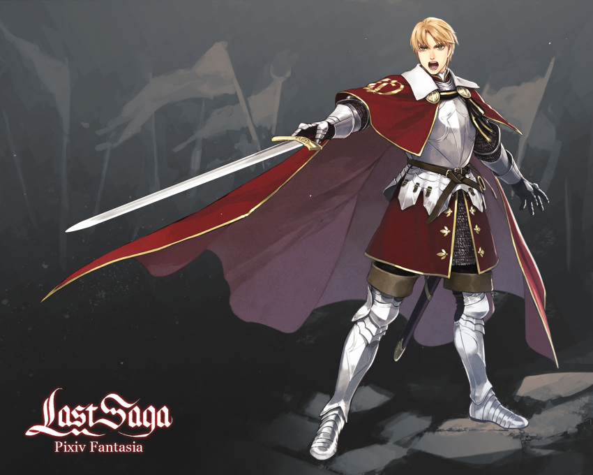 1boy :o armor banner belt blonde_hair cape chainmail copyright_name full_body gauntlets gold_trim green_eyes grey_background highres holding holding_sword holding_weapon laurel_knight_sylvester looking_at_viewer male_focus pixiv_fantasia pixiv_fantasia_last_saga red_cape sankyou sheath solo standing sword weapon