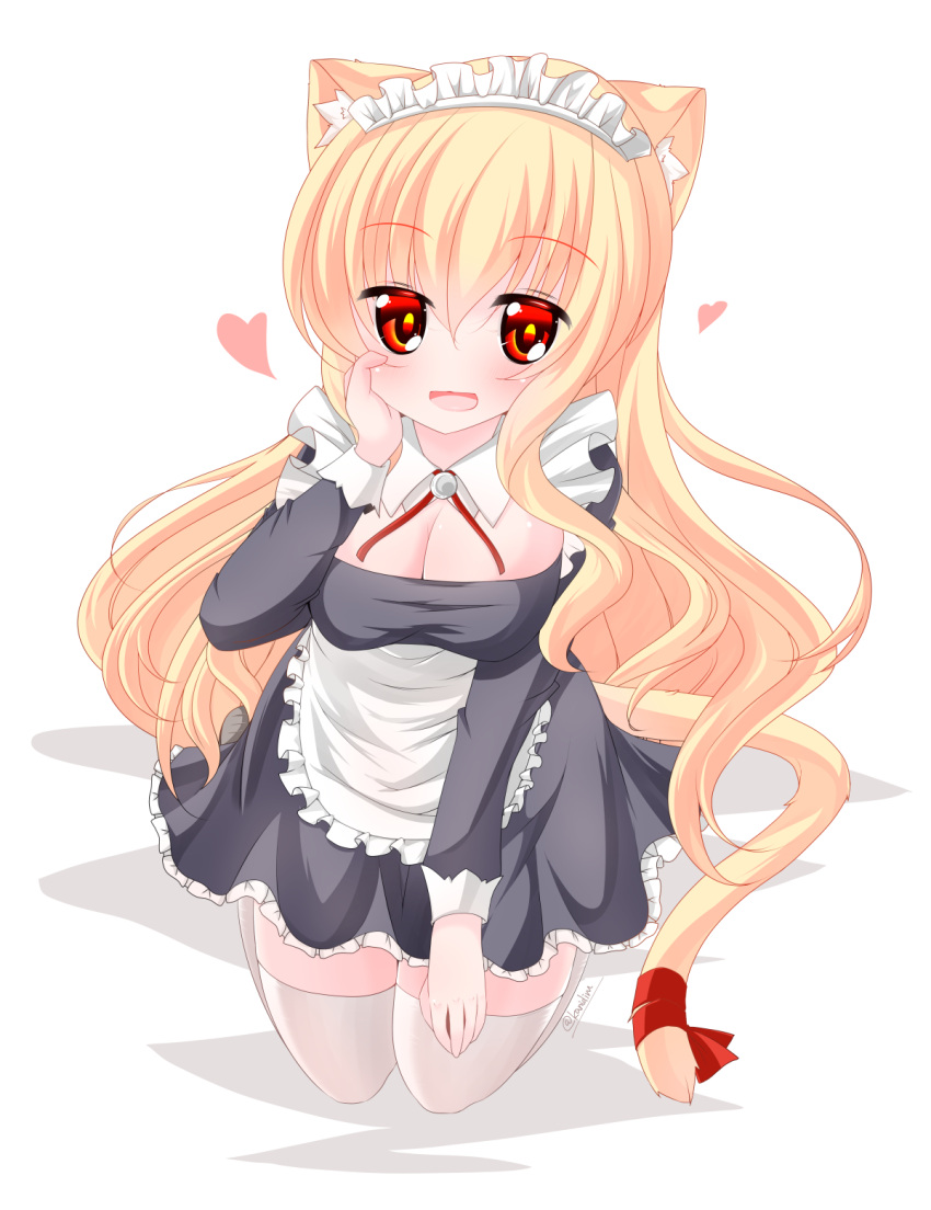 1girl :d animal_ear_fluff animal_ears apron bangs bed_sheet black_dress blonde_hair blush breasts cat_ears cat_girl cat_tail cleavage commentary_request dress eyebrows_visible_through_hair frilled_apron frilled_dress frills full_body hair_between_eyes hand_on_own_face hand_up highres kanijiru large_breasts long_hair long_sleeves maid maid_headdress open_mouth original pleated_dress red_eyes red_ribbon ribbon smile solo tail tail_ribbon thigh-highs twitter_username very_long_hair white_apron white_background white_legwear