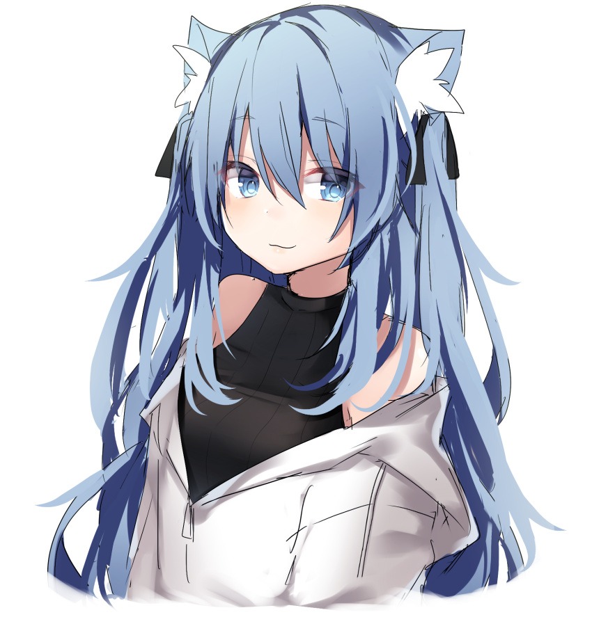 1girl animal_ear_fluff animal_ears bangs black_ribbon black_sweater blue_eyes blue_hair cat_ears closed_mouth cropped_torso drawstring eyebrows_visible_through_hair hair_between_eyes hair_ribbon highres hood hood_down hooded_jacket jacket komomo_(ptkrx) long_hair looking_at_viewer off_shoulder original ribbed_sweater ribbon sketch sleeveless_sweater smile solo sweater two_side_up upper_body very_long_hair white_jacket