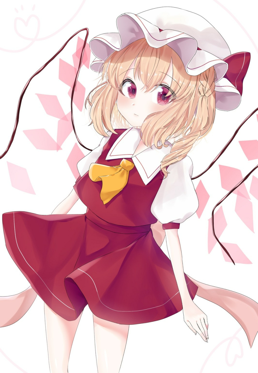 1girl ascot bangs bow braid closed_mouth collared_shirt commentary_request crystal eringi_(rmrafrn) eyebrows_visible_through_hair fingernails flandre_scarlet hair_between_eyes hat hat_bow heart highres light_brown_hair long_hair looking_at_viewer mob_cap one_side_up puffy_short_sleeves puffy_sleeves red_bow red_eyes red_skirt red_vest shirt short_sleeves simple_background skirt solo touhou vest white_background white_headwear white_shirt wings yellow_neckwear