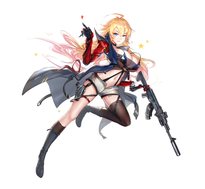 1girl ahoge ak-103 assault_rifle asymmetrical_legwear bangs barcode_tattoo blonde_hair blue_coat blue_eyes blue_swimsuit boots breasts brown_legwear closed_mouth coat covered_navel eyebrows_visible_through_hair facial_mark floating_hair girls_frontline grey_footwear gun hair_between_eyes hand_up handgun heart high_heel_boots high_heels holster holstered_weapon long_hair looking_at_viewer mechanical_hand messy_hair midriff navel one_eye_closed open_clothes open_coat original revealing_clothes rifle running sidelocks simple_background single_thighhigh skindentation sleeveless_coat smile solo star swimsuit tattoo thigh-highs thigh_holster thigh_strap tsuki_no_i-min underbust very_long_hair wavy_hair weapon wing_collar