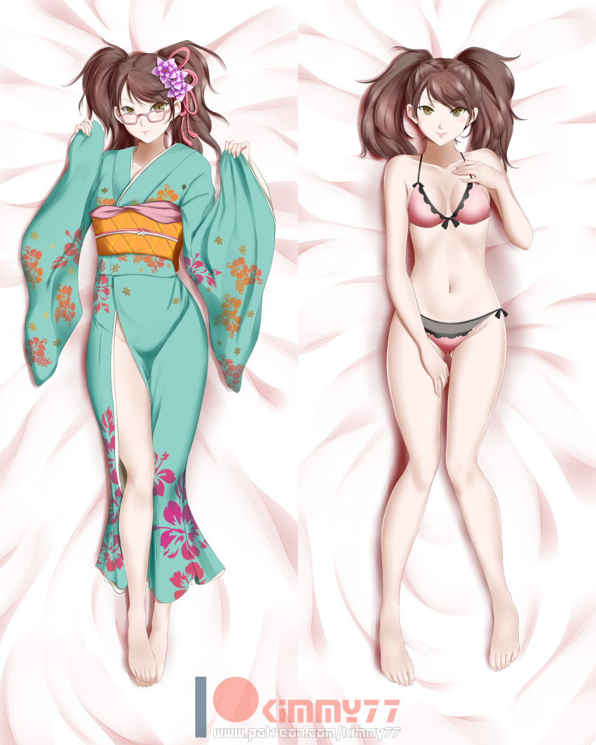 1girl alfred_cullado ass_visible_through_thighs bangs barefoot bed_sheet bikini blue_kimono breasts brown_eyes brown_hair cleavage dakimakura floral_print flower from_above full_body glasses hair_flower hair_ornament hair_ribbon hand_on_lap highres japanese_clothes kimono kujikawa_rise long_hair looking_at_viewer lying medium_breasts multiple_girls navel obi on_back persona persona_4 pink-framed_eyewear pink_bikini print_kimono purple_flower red_ribbon ribbon sash smile swept_bangs swimsuit thigh_gap twintails yukata