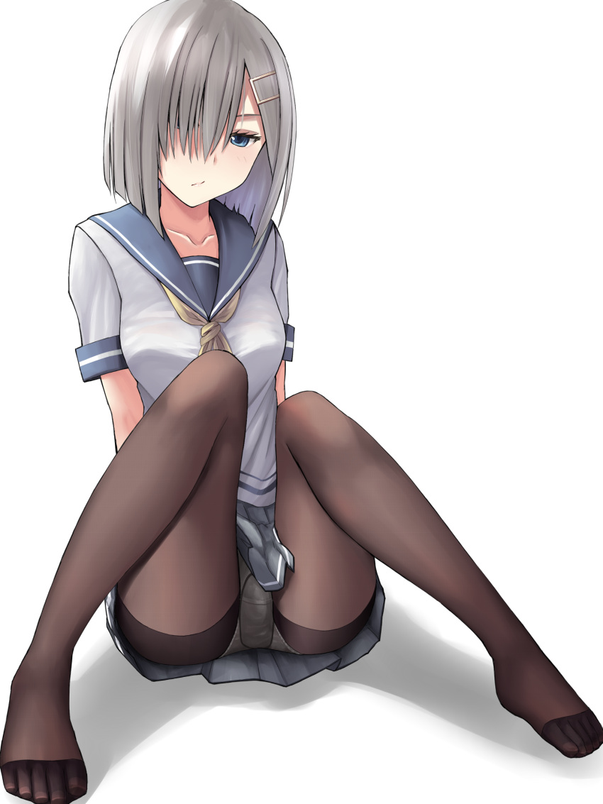 1girl black_legwear blue_eyes blush breasts closed_mouth eyes_visible_through_hair gusset hair_ornament hair_over_one_eye hairclip hamakaze_(kantai_collection) highres kantai_collection large_breasts neckerchief panties panties_under_pantyhose pantyhose pleated_skirt school_uniform serafuku shadow short_hair short_sleeves silver_hair simple_background sitting skirt solo underwear white_background yellow_neckwear yotsuya_(gs)